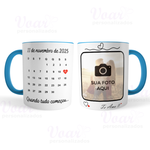 Caneca Calendário Namorados Casamento Personalizada com Foto e Data Azul