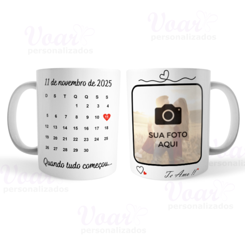 Caneca Calendário Namorados Casamento Personalizada com Foto e Data Branca