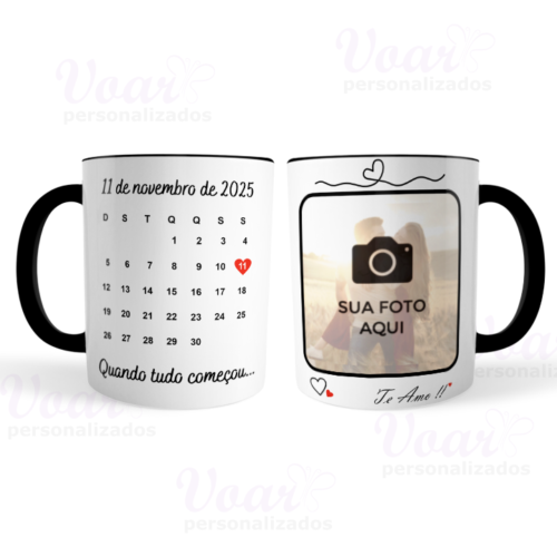 Caneca Calendário Namorados Casamento Personalizada com Foto e Data Preta