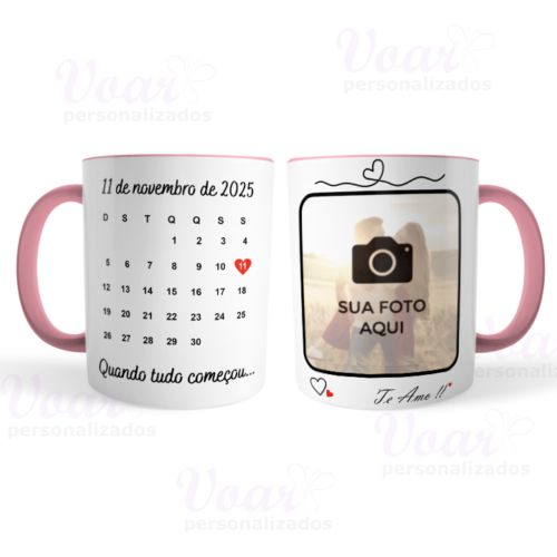 Caneca Calendário Namorados Casamento Personalizada com Foto e Data Rosa