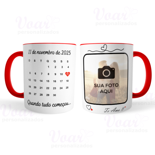 Caneca Calendário Namorados Casamento Personalizada com Foto e Data Vermelha